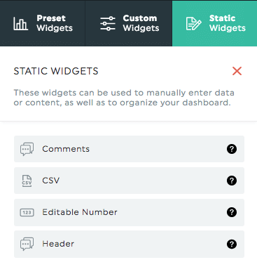 widget statique pour la source de données personnalisée dans les tableaux de bord