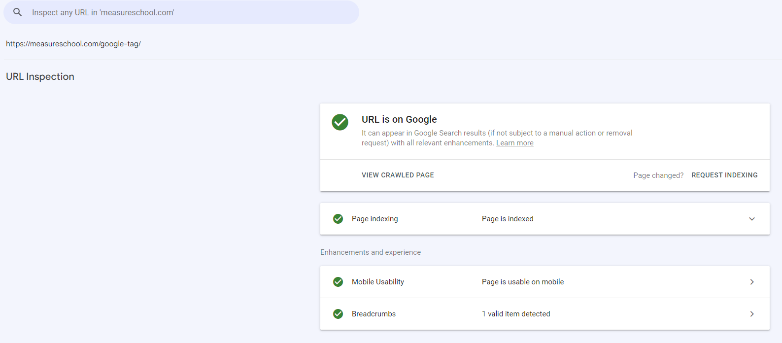 Outil d'inspection des URL dans Google Search Console