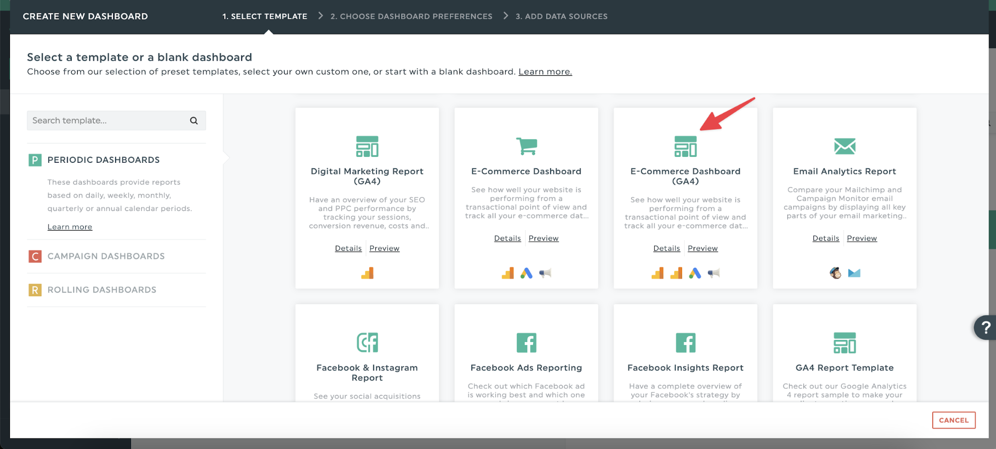 sélectionner le tableau de bord du commerce électronique