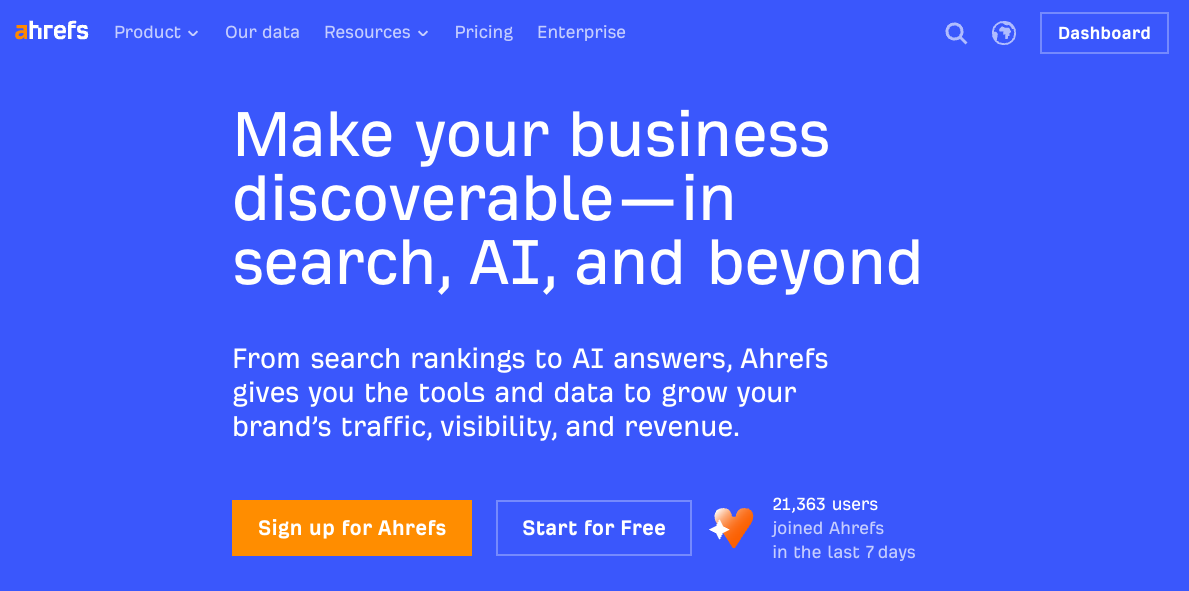 Page d'accueil d'Ahrefs