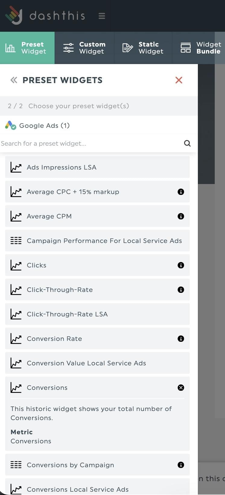 widgets prédéfinis dashthis