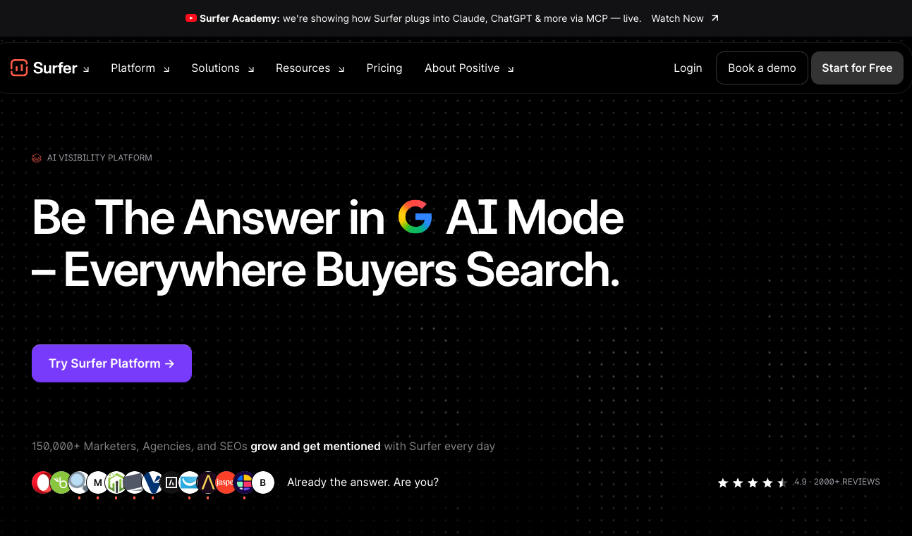 Page d'accueil de Surfer présentant la plateforme comme un outil de visibilité basé sur l'IA pour le mode IA de Google