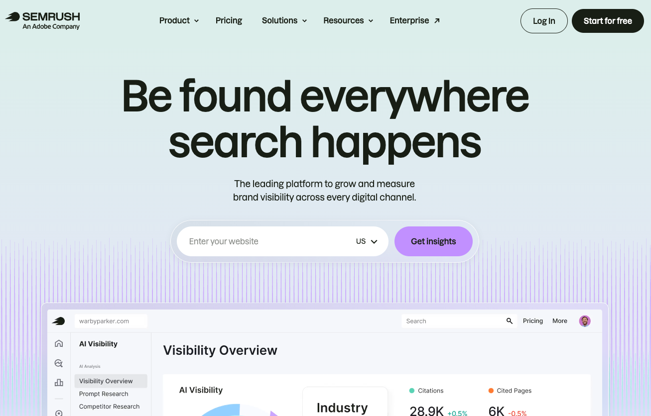 Page d'accueil de Semrush présentant son aperçu de visibilité basé sur l'IA, avec les mentions de la marque et les citations