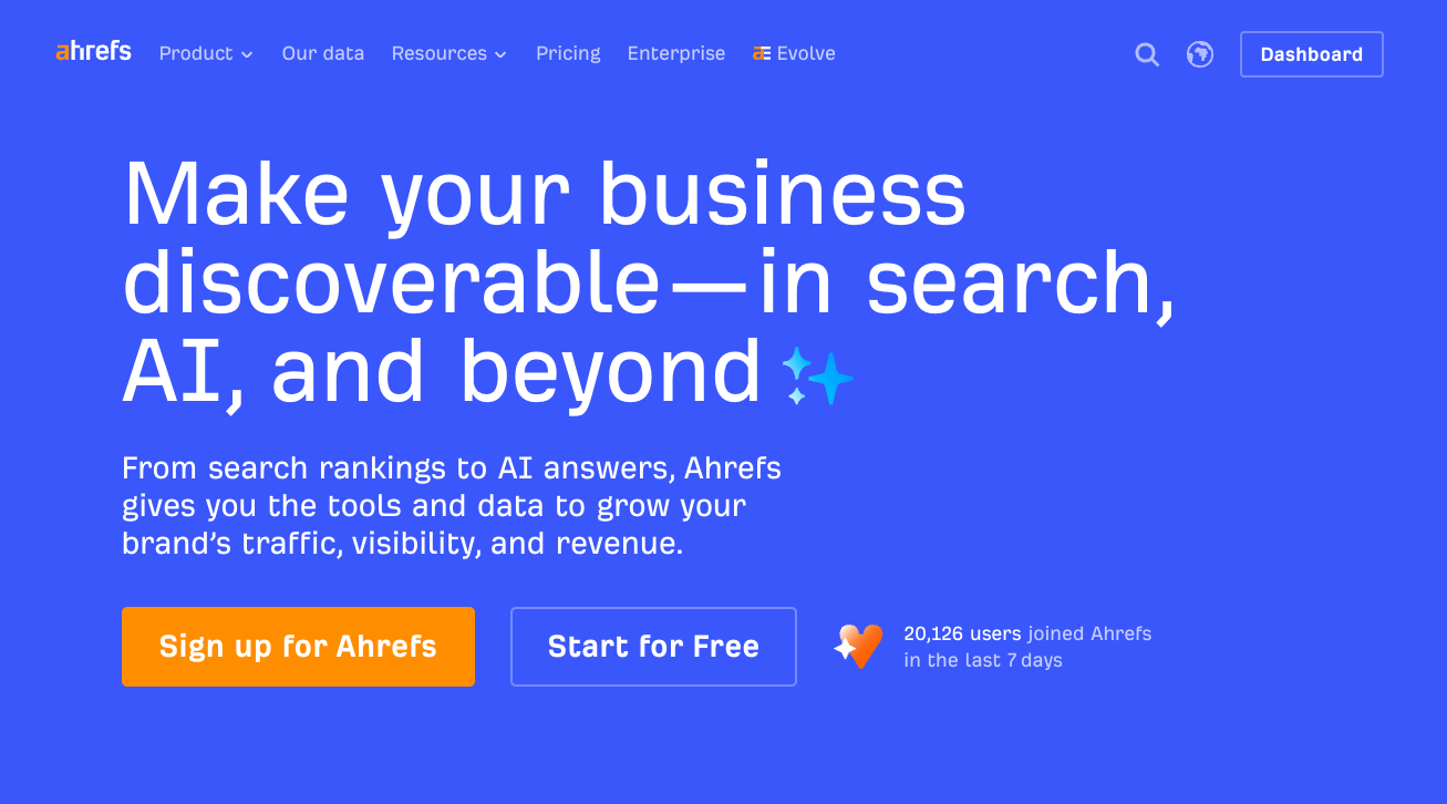 Page d'accueil d'Ahrefs présentant des outils qui permettent à une entreprise d'être visible dans les résultats de recherche et les réponses générées par l'IA