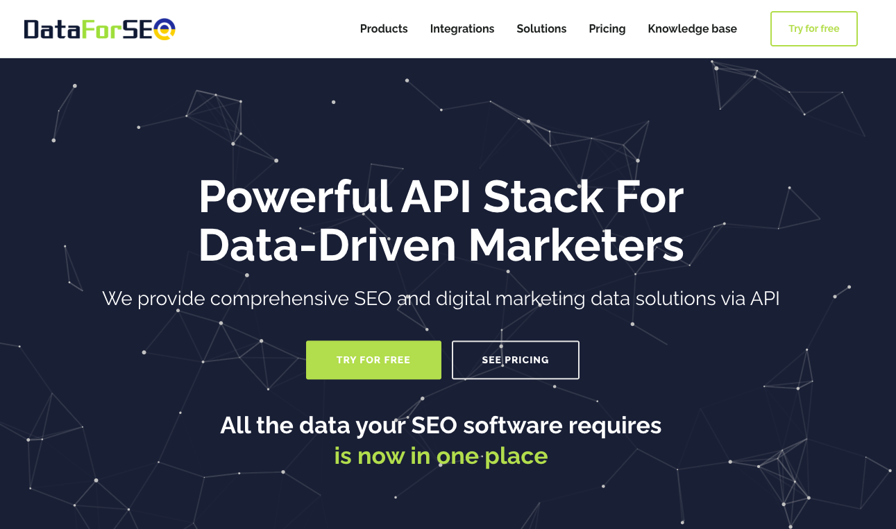 Page d'accueil de DataForSEO présentant sa gamme d'API dédiées au référencement et au marketing